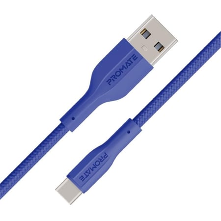 كيبل  شحن متين USB-A إلى USB-C™ مصنوع من السيليكون بتقنية الشحن السريع ، ونقل بيانات بسرعة 480 ميجابت في الثانية، بطول 1 متر ومقاوم للتشابك مع عمر افتراضي يصل إلى 10,000 انحناء - Promate XCord-AC