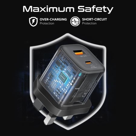 أفضل شاحن جداري مزدوج المنفذ PD بقدرة 25 واط مع كابل USB-C بقدرة 60 واط ومنفذ شحن سريع 3.0 وكابل شفاف بطول 1.2 متر بقدرة 60 واط مع ضوء LED بتنظيم الجهد التلقائي والشحن الزائد وحماية الدائرة القصيرة - Promate PowerPort-25CC