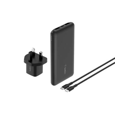 بيلكن - حقيبة السفر Power Bundle بطارية بسعة 10,000mAh وشاحن جداري بمنفذ USB-C بقوة 25W وكيبل USB-C to USB-C بطول 1م - اسود