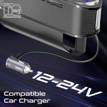 منظم سيارة متعدد الوظائف مزود بمحطة شحن بقوة 65 واط وكابلات USB-C وLightning قابلة للسحب لتسهيل شحن أجهزتك في السيارة  Promate CarMate-RPD