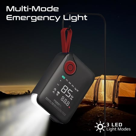 جهاز طوارئ 4 في 1 لتشغيل السيارات بقوة 800 أمبير، مزوّد بكمبروسر هواء 150PSI وبطارية 10000mAh، يشحن عبر USB وType-C، مع كشاف LED قوي، مثالي للسيارات، الدفع الرباعي، والدراجات النارية — الحل الذكي على الطريق. PatrolPack-4