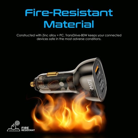 شاحن سيارة فعّال ومدمج بتصميم شفاف يوفر شحن سريع بقوة 80 واط مع منافذ USB-C توفر شحن 30 واط و20 واط للأجهزة اللوحية والهواتف الذكية، بالإضافة إلى منفذ شحن سريع 30 واط من Promate TransDrive-80W