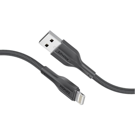كابل USB-A إلى لايتنينغ متين بقوة 10 واط، يوفر شحنًا سريعًا ونقل بيانات بسرعة 480 ميجابت في الثانية، مع تصميم مضاد للتشابك من السيليكون بطول 200 سم واختبار ثني حتى 10,000 مرة  - Promate XCORD-AI200