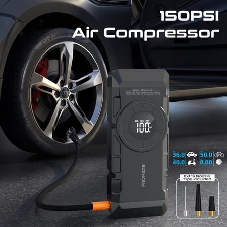 القوة والتنوع مع مُشغل السيارة عالي السعة 2000 أمبير/12 فولت المزود بضاغط هواء ومصباح LED مع بطارية سعة 12000 مللي أمبير ومنفاخ للعجلات يصل إلى 150 PSI وشعلة LED بسطوع 600 لومن بالإضافة إلى مشابك مشتركة ذكية وشاشة LCD من Promate PatrolPack-2