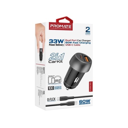 شاحن سيارة سريع ثنائي المنافذ بقدرة 33 واط USB-C بقدرة توصيل طاقةوبقدرة 18 واط QC 3.0 USB-A، بتصميم مدمج يدعم الشحن الفائق السرعة لهواتف آيفون وأندرويد والأجهزة اللوحية، مع حماية مدمجة من الحرارة الزائدة وفائض الشحن لضمان أمان أجهزتك أثناء القيادة DriveGe