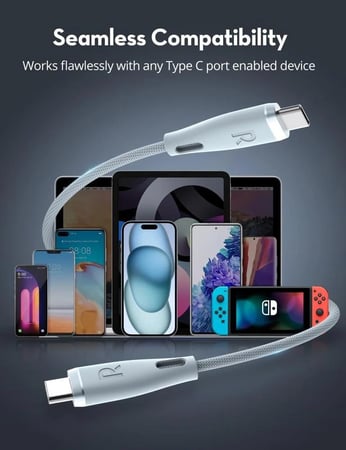 سلك راف باور تايب سي الى تايب سي نايلون بقوة 60 واط بطول 1.2متر - سماوي