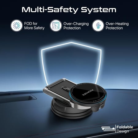 حامل سيارة بقوة 15 واط متوافق مع الزجاج الأمامي ولوحة القيادة، آلية قفل، ذراع قابل للتعديل والتمديد، قاعدة قابلة للدوران 360° بدون مشبك  MagNeo-15W