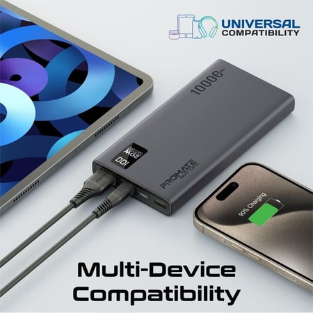 بطارية متنقلة من بروميت بسعة 10000 مللي أمبير مع منفذ USB-C™ بقوة 20 واط للدخل/الخرج، مخرج QC 3.0، منافذ USB-C، شاشة LCD وحماية من السخونة الزائدة للهواتف الذكية والأجهزة اللوحية - Promate Bolt-10PD (مصرحة في جميع المطارات وخطوط الطيران في العالم)
