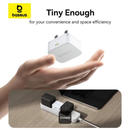 شاحن حائط بيسوس Palm 20W PD Type-C للشحن السريع - شاحن USB-C فائق السرعة مع قابس المملكة المتحدة - أبيض