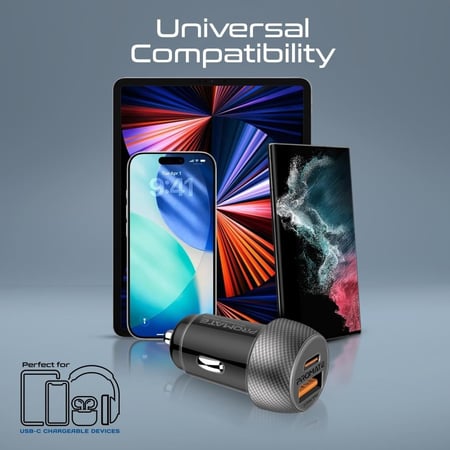 شاحن سيارة سريع ثنائي المنافذ بقدرة 33 واط USB-C بقدرة توصيل طاقةوبقدرة 18 واط QC 3.0 USB-A، بتصميم مدمج يدعم الشحن الفائق السرعة لهواتف آيفون وأندرويد والأجهزة اللوحية، مع حماية مدمجة من الحرارة الزائدة وفائض الشحن لضمان أمان أجهزتك أثناء القيادة DriveGe