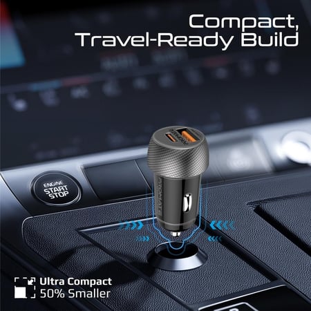 شاحن سيارة سريع ثنائي المنافذ بقدرة 33 واط عبر USB-C بقدرة توصيل طاقة و18 واط عبر QC 3.0 USB-A، بتصميم مدمج يدعم شحن جهازين في وقت واحد ويوفر حماية متقدمة ضد الحرارة الزائدة وفائض الشحن، مناسب لهواتف آيفون وسامسونج والأجهزة اللوحية والمزيد. شاحن سيارة سري