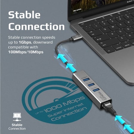 محول USB-C مع محول إيثرنت يحتوى على 3 منافذ USB 3.0 ونطاق إيثرنت بسرعة 1000 ميجابت في الثانية وسرعة نقل تبلغ 5 جيجابت في الثانية من بروميت - Promate GigaHub-C