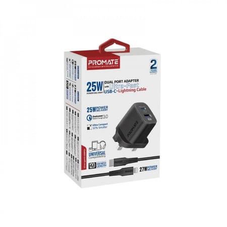مجموعة محول وكابل USB-C™ مع شاحن AC ثنائي المنافذ، توصيل طاقة 25 واط، QC 3.0 بقدرة 18 واط، كابل سيليكون Type-C™ إلى Lightning بقدرة 27 واط، مزامنة بيانات وشحن سريع  Promate ChargeKit-25PDi