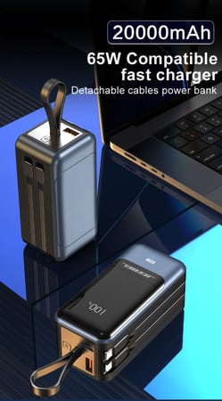 باور بانك جيبل 20000mAh بقوة 65 واط شحن فائق السرعة تدعم شحن اللابتوب والجوال والتابلت بتصميم ذكي وكابلات مدمجة