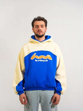 هودي شتوي سميك بلونين ودبل كاب  - أزرق