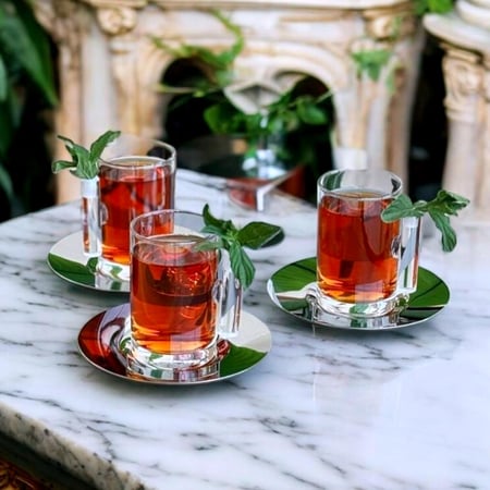 طقم بيالات شاي زجاج كريستالي مع فناجين قهوة عربية للتقديم والضيافة