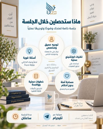 جلسة كوتشنج فردية تمنحك توجيها مخصصا وأسئلة عميقة وخطوات واضحة وعملية