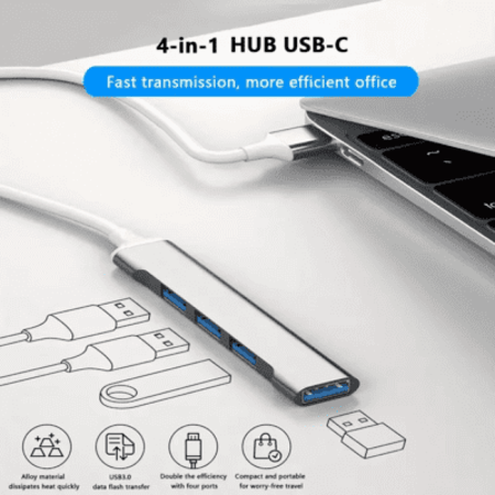 موزع USB عالي السرعة بهيكل معدني ممتاز (قابس USB + 3 منافذ USB + منفذ نوع سي)