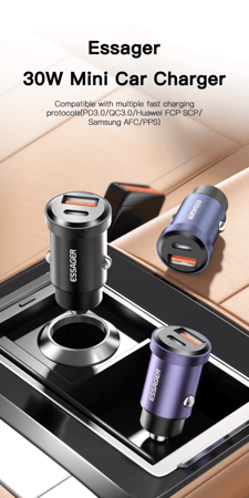 شاحن سيارة أصلى من esessager  من النوع USB A+C مع شحن سريع، مع ميزة PD 30 واط للشحن السريع