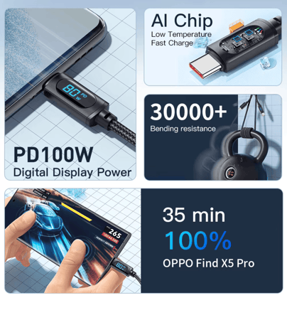 كابل شحن أصلى من esessager من النوع A إلى النوع C مع شاشة ومع شحن سريع، مع ميزة PD 100 واط للشحن السريع و ونقل البيانات