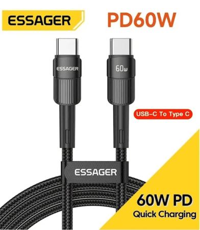 كابل شحن أصلى من esessager من النوع C إلى النوع C مع شحن سريع، مع ميزة PD 60 واط للشحن السريع و ونقل البيانات