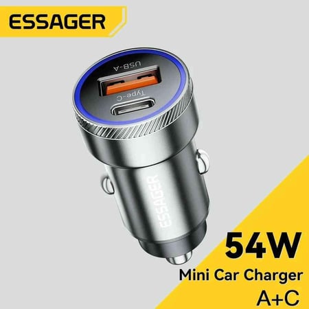 شاحن سيارة أصلى من esessager 54 W من النوع USB A+C مع شحن سريع، مع ميزة QC 54 واط للشحن السريع