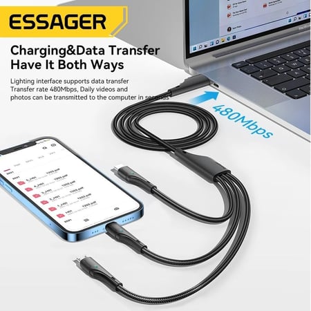 كابل شحن أصلى من 3 فى 1 esessager من النوع C إلى النوع C+Lightning+Micro مع شحن سريع، 3A للشحن السريع و ونقل البيانات