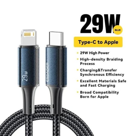 كابل شحن أصلى من esessager من النوع C إلى النوع Lightning مع شحن سريع، مع ميزة PD 29 واط للشحن السريع و ونقل البيانات