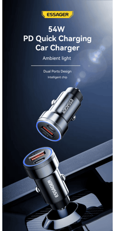 شاحن سيارة أصلى من esessager 54 W من النوع USB A+C مع شحن سريع، مع ميزة QC 54 واط للشحن السريع