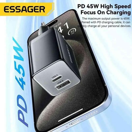 شاحن جدارى أصلى من esessager 45W من النوع USB A+C مع شحن سريع، مع ميزة QC 45واط للشحن السريع