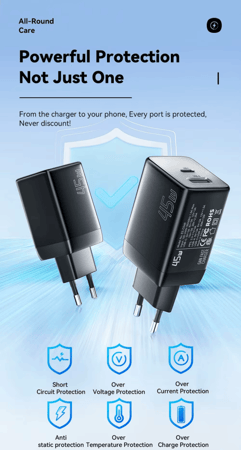 شاحن جدارى أصلى من esessager 45W من النوع USB A+C مع شحن سريع، مع ميزة QC 45واط للشحن السريع