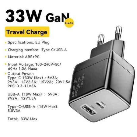 شاحن جدارى أصلى من  esessager  33W من النوع USB A+C مع شحن سريع، مع ميزة QC 33واط للشحن السريع