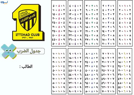 جدول الضرب بشعار نادي الاتحاد - منتج رقمي