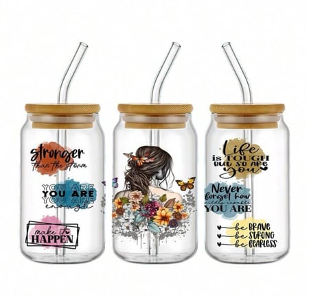 كوب زجاجي بعبارات تحفيزيه ١