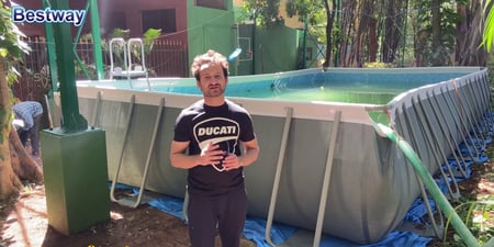 مسبح أعمدة مستطيل رصاصي مع فلتر رمل برأسين وسلم وغطاء وحافظة كلور 9.5×4.8×1.3متر يتسع 30 شخص