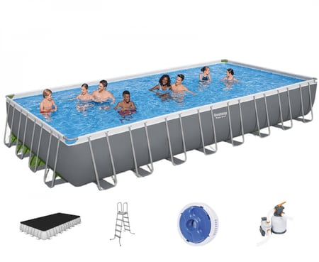 مسبح أعمدة مستطيل رصاصي مع فلتر رمل برأسين وسلم وغطاء وحافظة كلور 9.5×4.8×1.3متر يتسع 30 شخص