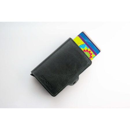 محفظة ذكية بآلية سحب بطاقات – جلد أسودأنيق