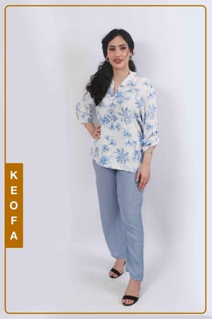 طقم نسائي كاجول مريح قطعتين سماوي وابيض