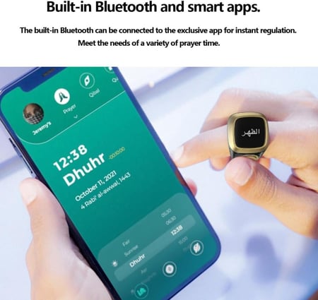 خاتم الذكر والتسبيح الذكي، بلون أسود، خاصية التذكير بتوقيت الصلاة للمسلم، شاشة led، اتصال بلوتوث، خيارات بتوقيتات متعددة- 20 ملم (أسود)