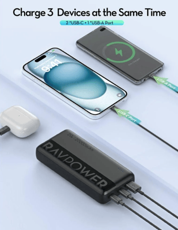 بطارية راف باور بسعة 20000 ملي امبير بقوة 20 واط بمنفذين تايب سي بي دي ومنفذ يو اس بي - اسود