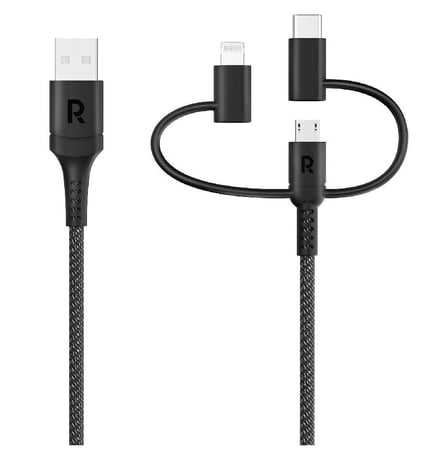 كيبل شاحن راف باور قماش يو اس بي 3*1 بطول 1.2 متر - اسود