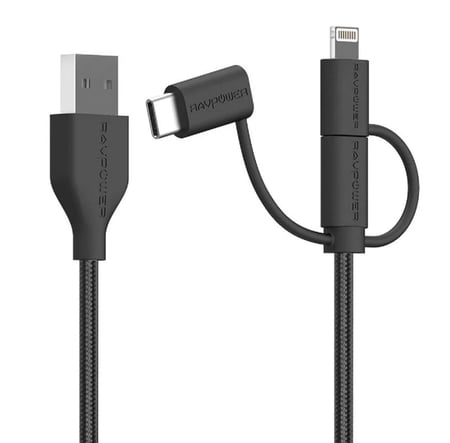 كيبل شاحن راف باور قماش يو اس بي 3*1 بطول 1.2 متر - اسود