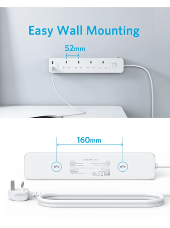 توصيلة كهربائية انكر بـ4 منافذ طاقة مع منفذين USB-A بطول 1.8 متر - ابيض