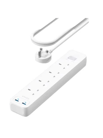 توصيلة كهربائية انكر بـ4 منافذ طاقة مع منفذين USB-A بطول 1.8 متر - ابيض