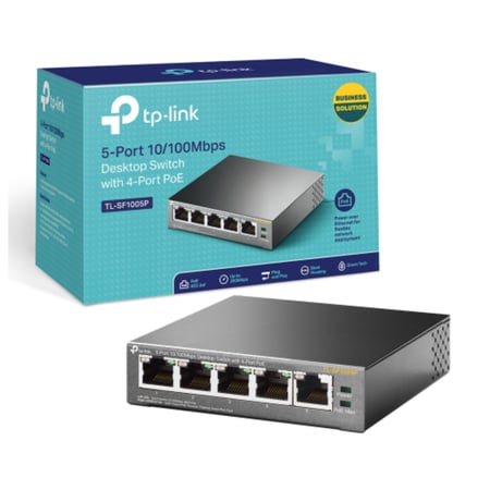 سويتش تي بي لينك مزود بخمسة منافذ بسرعة 10/ 100 ميجابت في الثانية واربعة منافذ بتقنية نقل الطاقة عبر الايثرنت - SF1005P