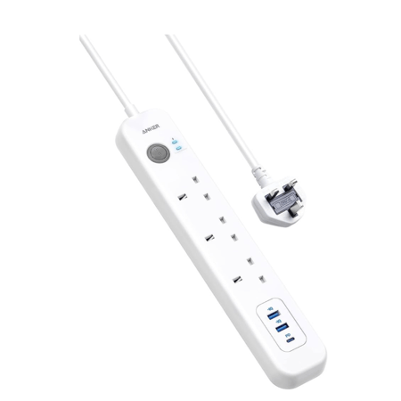 انكر - توصيلة 3 منافذ طاقة ومنفذين USB  + بي دي - ابيض