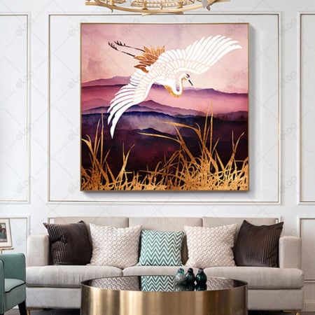 لوحات جدارية فن تجريدي درجات اللون الموف مخلوطة بالذهب وصورة طائر