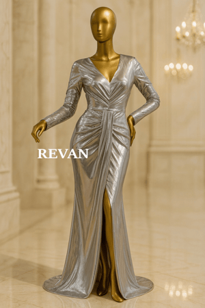 فستان سهرة فاخر فضي من ريفان باكمام طويلة