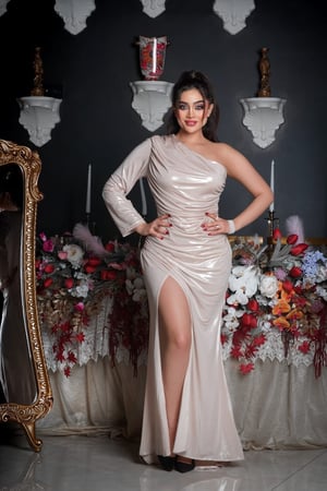 فستان بكتف واحد بتصميم لامع وشق جانبي جذاب