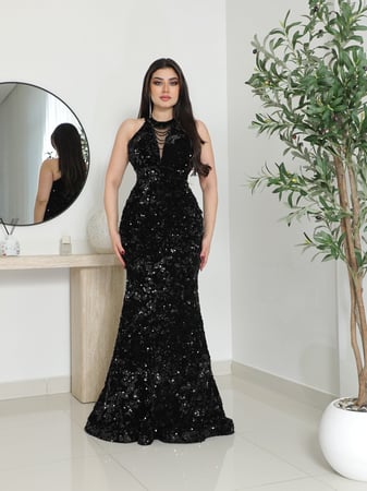 فستان سهرة ترتر فاخر بحمالات متدلية